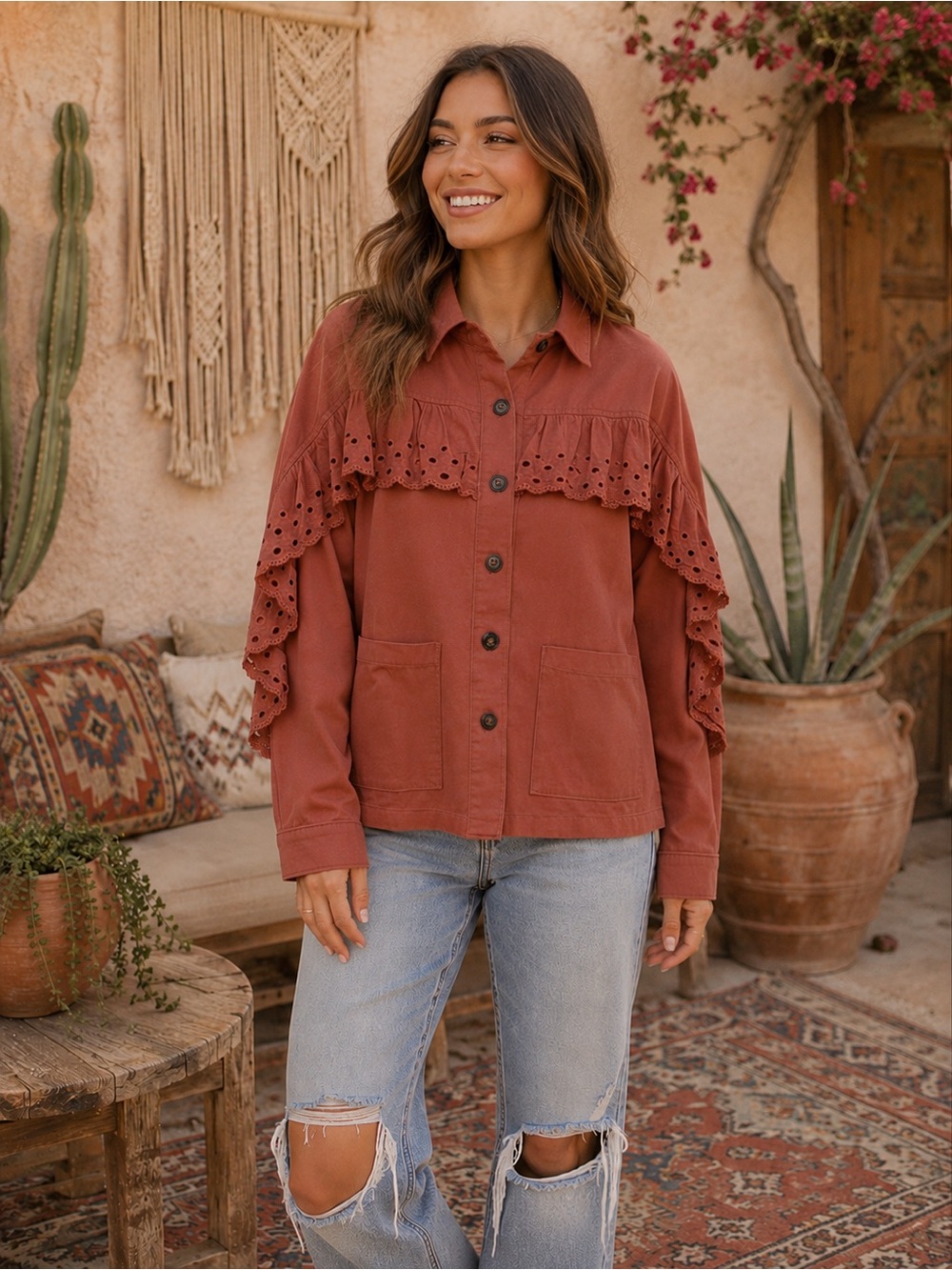 NWT Rust Eyelet Ruffle Button-Up Jacket ☀️ 🌼 - Picture 2 of 4